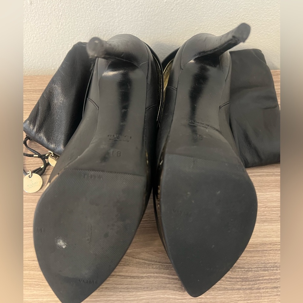 GUCCI Leather Ankle Lace up Boot Platform Heel Color Black Gold Interior - Picture 5 of 13